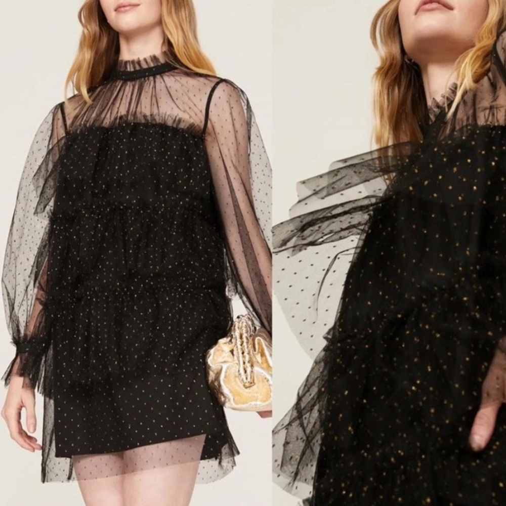 Adam lippes sheer ruffle tulle top black and gold